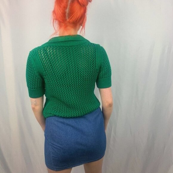 Zara Knit Kelly Green Collared Short Sleeve Crocheted Sweater - Picture 2 of 8